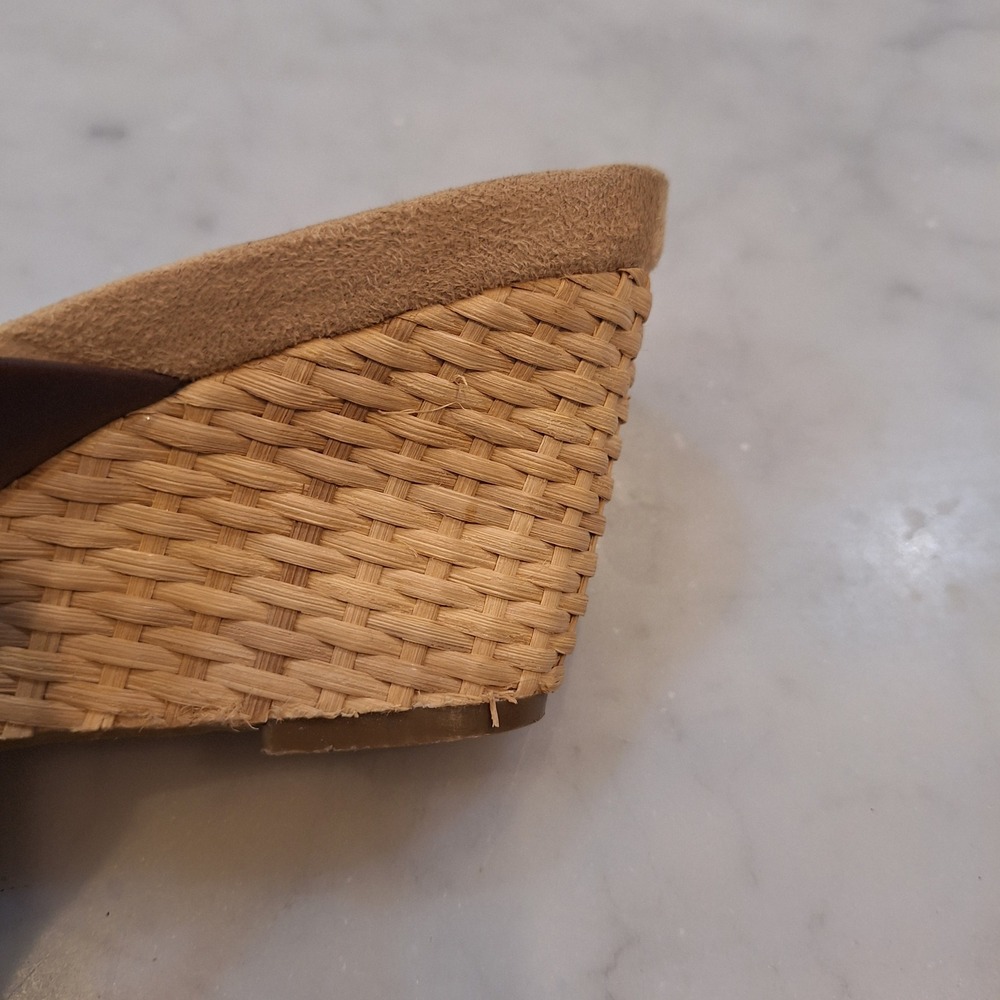 Tribeca Wedge Sandals Women 9.5 Brown Leather Woven Straw Central Park Slides - Picture 8 of 10